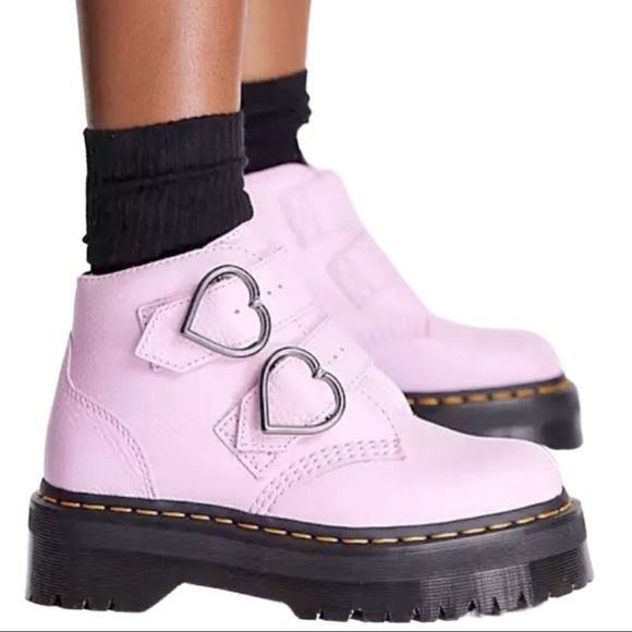 Dr. Martens Light Pink Devon Heart Leather Platform Boots - Picture 3 of 14